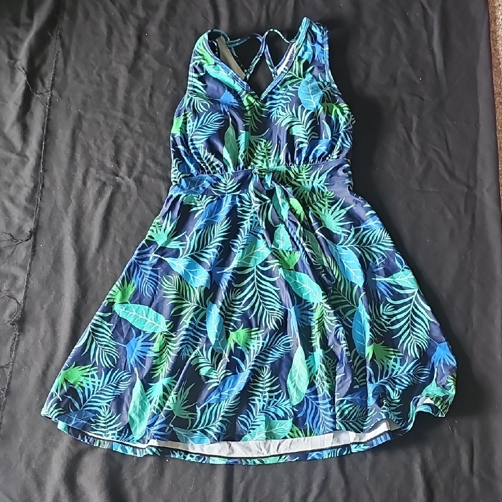 Navy Tropical Leaf V-Neck Mini Dress